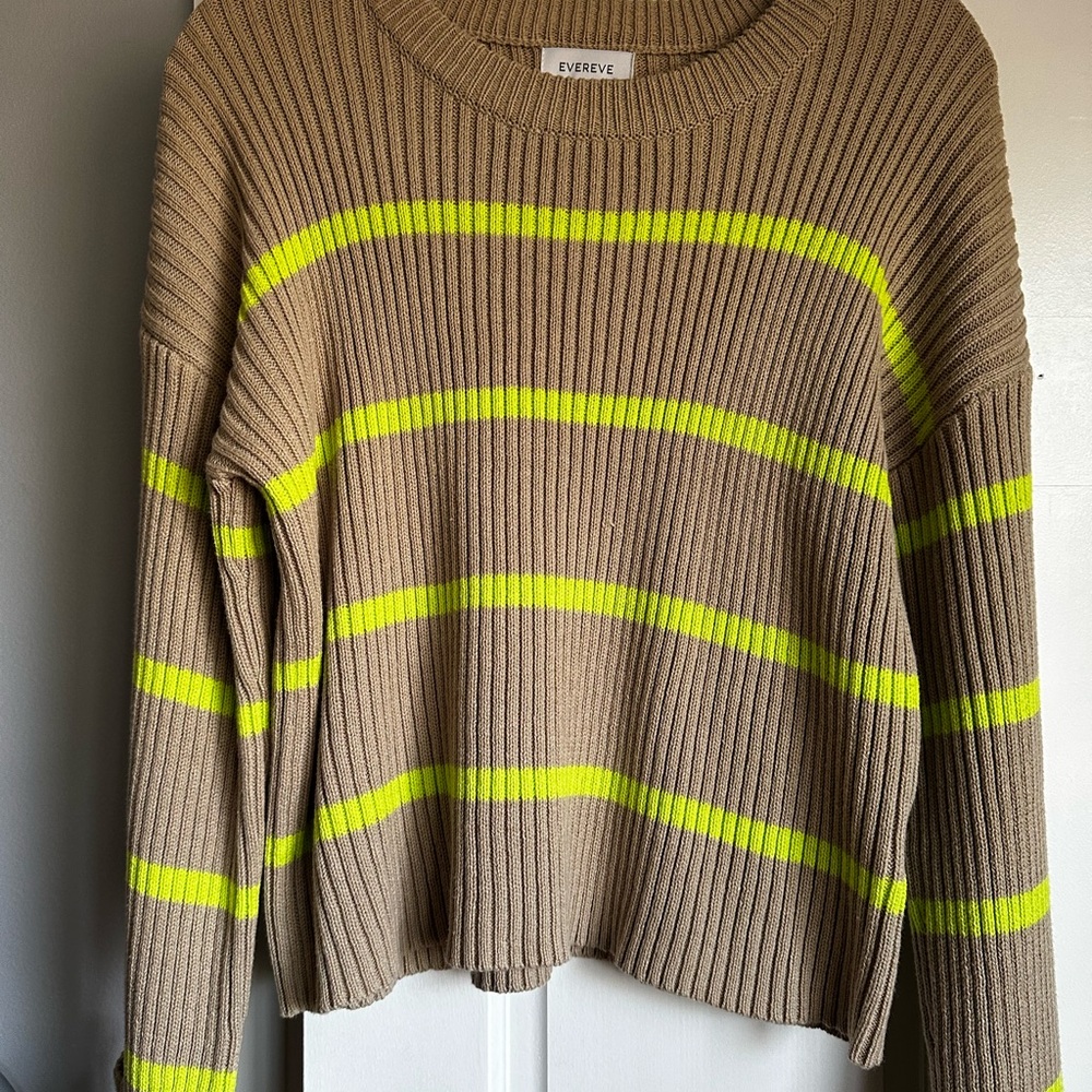 Evereve Tan Ribbed Sweater with Neon Yellow Stripes